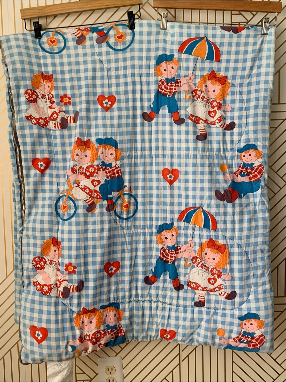 Vintage Raggedy Ann and Andy Sleeping Bag Cotton gingham 68x80